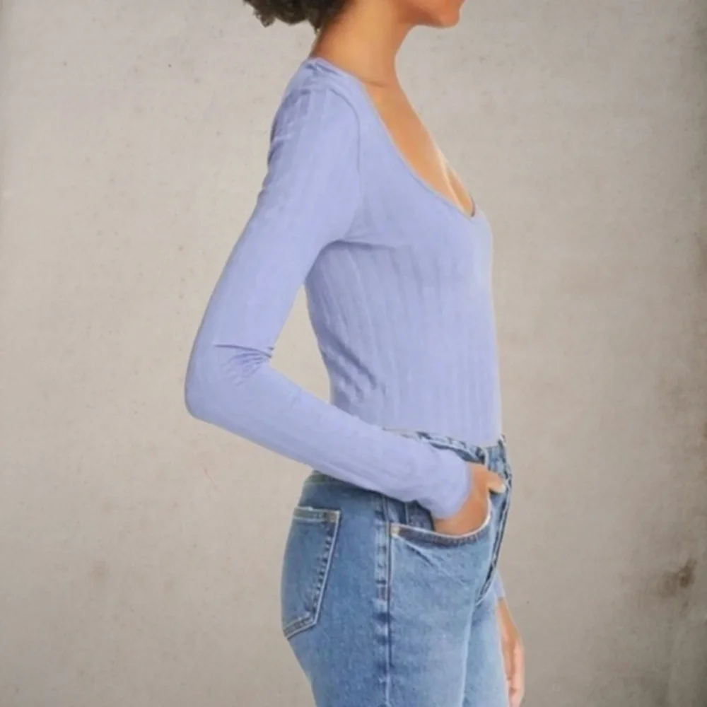 FREE PEOPLE Lucky You Long Sleeve Scoop Neck Fitted Layering Top-Blue/MD NWT